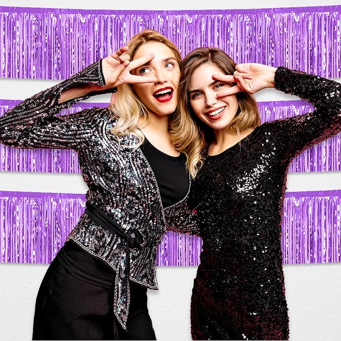 3 Pack 10 Feet Light Purple Foil Fringe Garland Metallic Tinsel Streamers Banner Wall Hanging Curtain Backdrop for Parade Floats, Christmas, Thanksgiving, Birthday Party Decorations