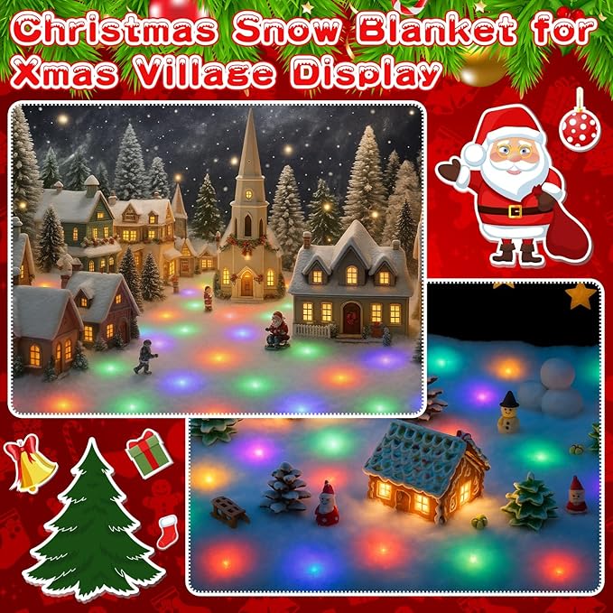 VIHOSE Christmas Snow Blanket with LED Lights String Pre Lit Artificial Fake Snow Blanket Roll Lighted Table Runner for Christmas Tree Village Display Winter Holiday Decor(Colorful Light,59'' X 16'')