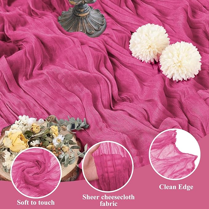 Asee'm 2pcs Cheesecloth Table Runner 120 Inches Long Deep Pink Boho Gauze Cheese Cloth Runner 10FT Rustic Sheer Table Runners for Christmas Wedding Party Baby Shower Spring Easter Decoration