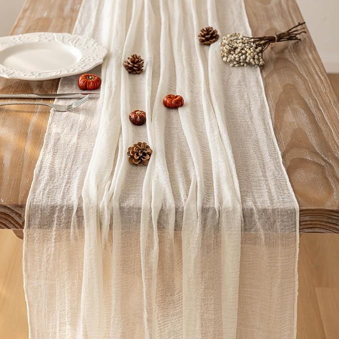 6pcs Ivory Gauze Rustic Cheesecloth Table Runner 120 Inch 10 FT for Wedding Baby Shower Bridal Shower Birthday Engagement Garden Outdoor Party Long Sheer Boho Decorations