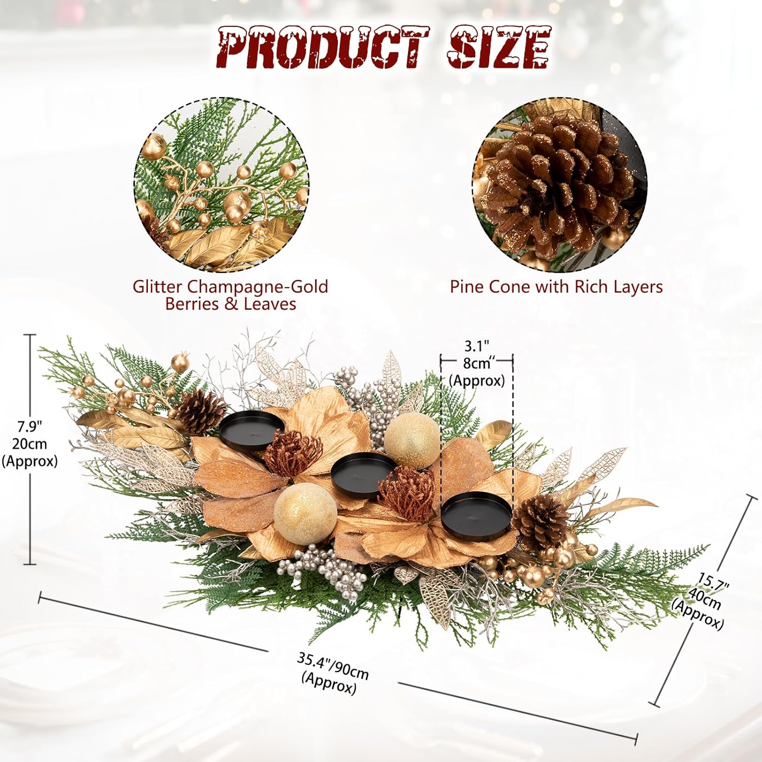 35" Champagne Christmas Centerpiece with Candle Holders, Magnolias Gold Christmas Balls Berries Leaves Branches Pine Cones Pine Needles for Xmas Table Decor, Holiday Candelabrum for Mantel Decorations