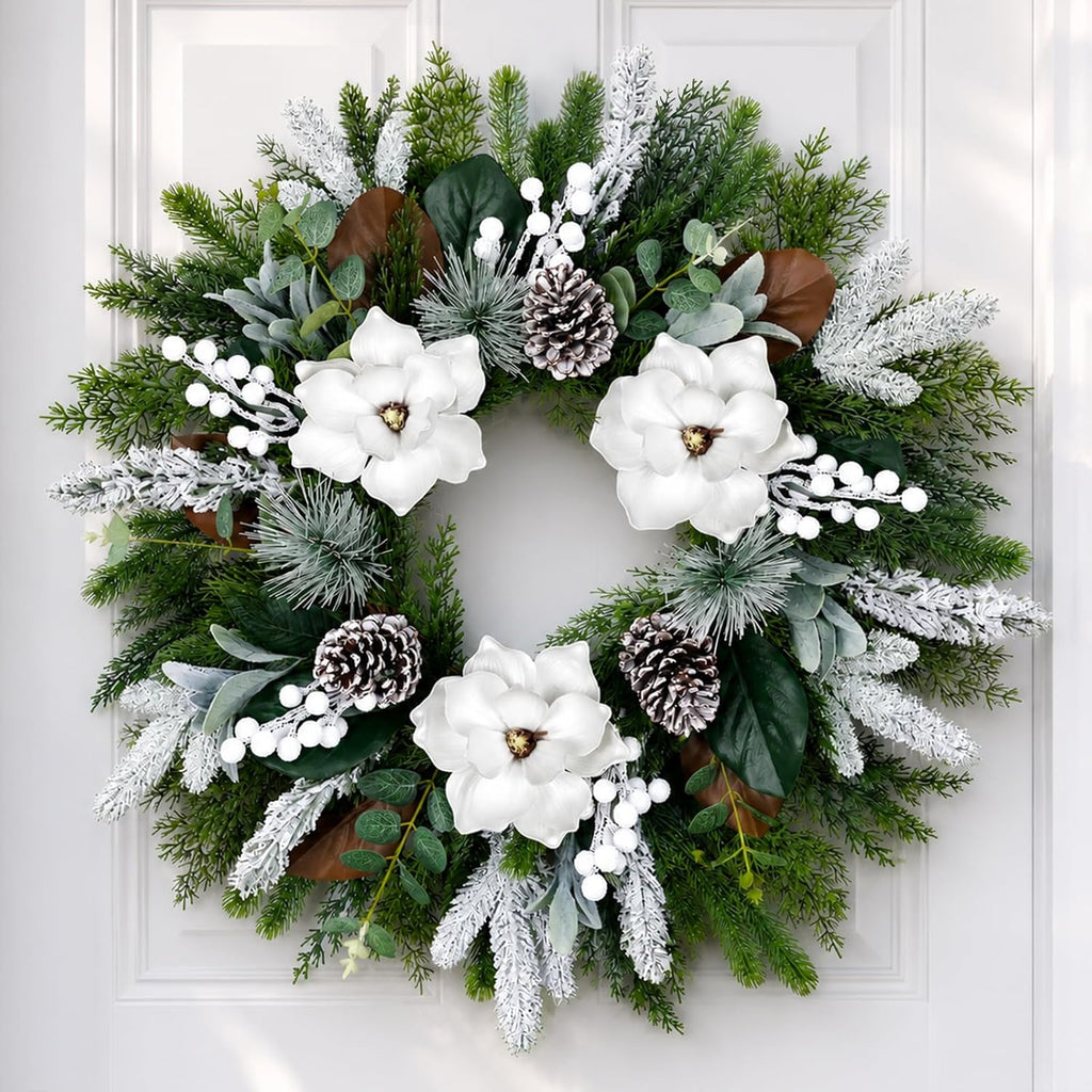 28inch winter wreath for front door, frosted magnolia, main product view