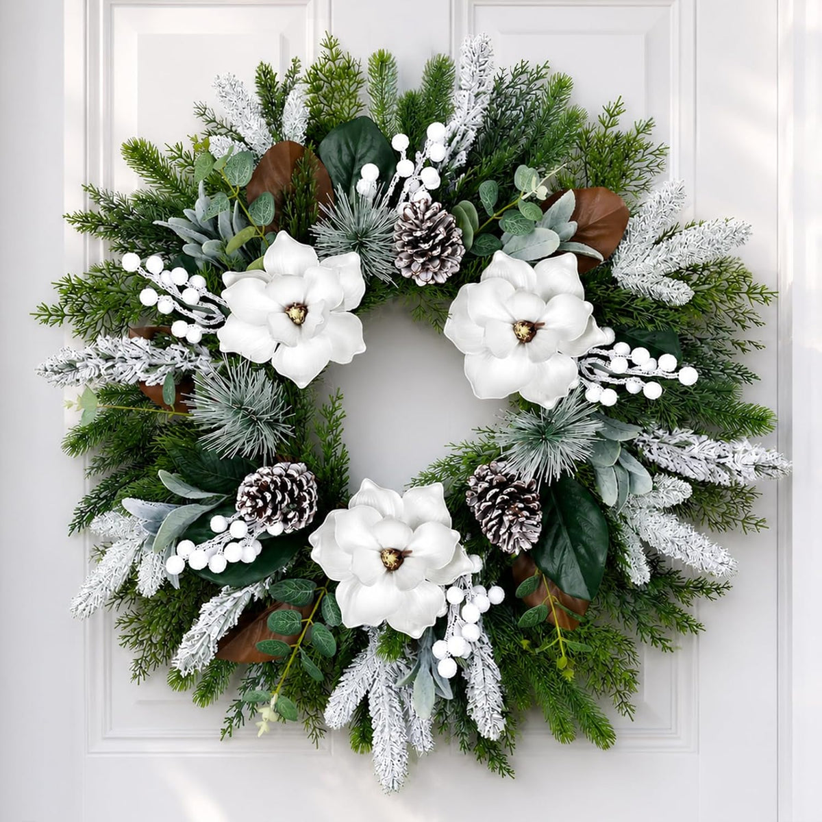 28inch winter wreath for front door, frosted magnolia, main product view