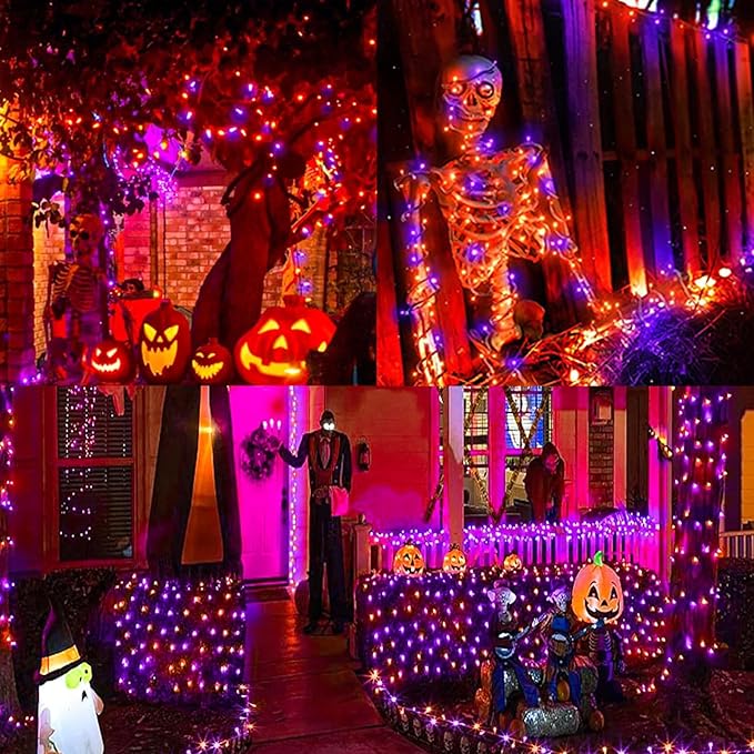 LAMPHOME 66ft Halloween Decorative Mini Lights, 200 LED Transparent Wire Fairy Starry String Lights Plug in, 12 Lighting Modes, for Halloween Decoration Outdoor Party Decoration (Orange and Purple)
