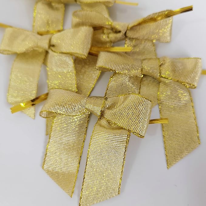 50pcs 2-1/2" Metallic Gold Bows for Crafts Pretaied Christmas Bows for Decoration with Twist Ties Hot Cut Tails(W.Gold)