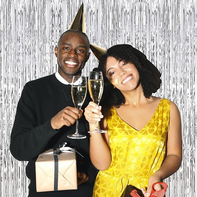10 Pack Silver Backdrop Curtain 3.2ft x 8.2ft Metallic Tinsel Foil Fringe Curtains Photo Booth Background for Birthday Party Decoration Baby Shower Engagement Wedding Christmas Decoration (Silver)