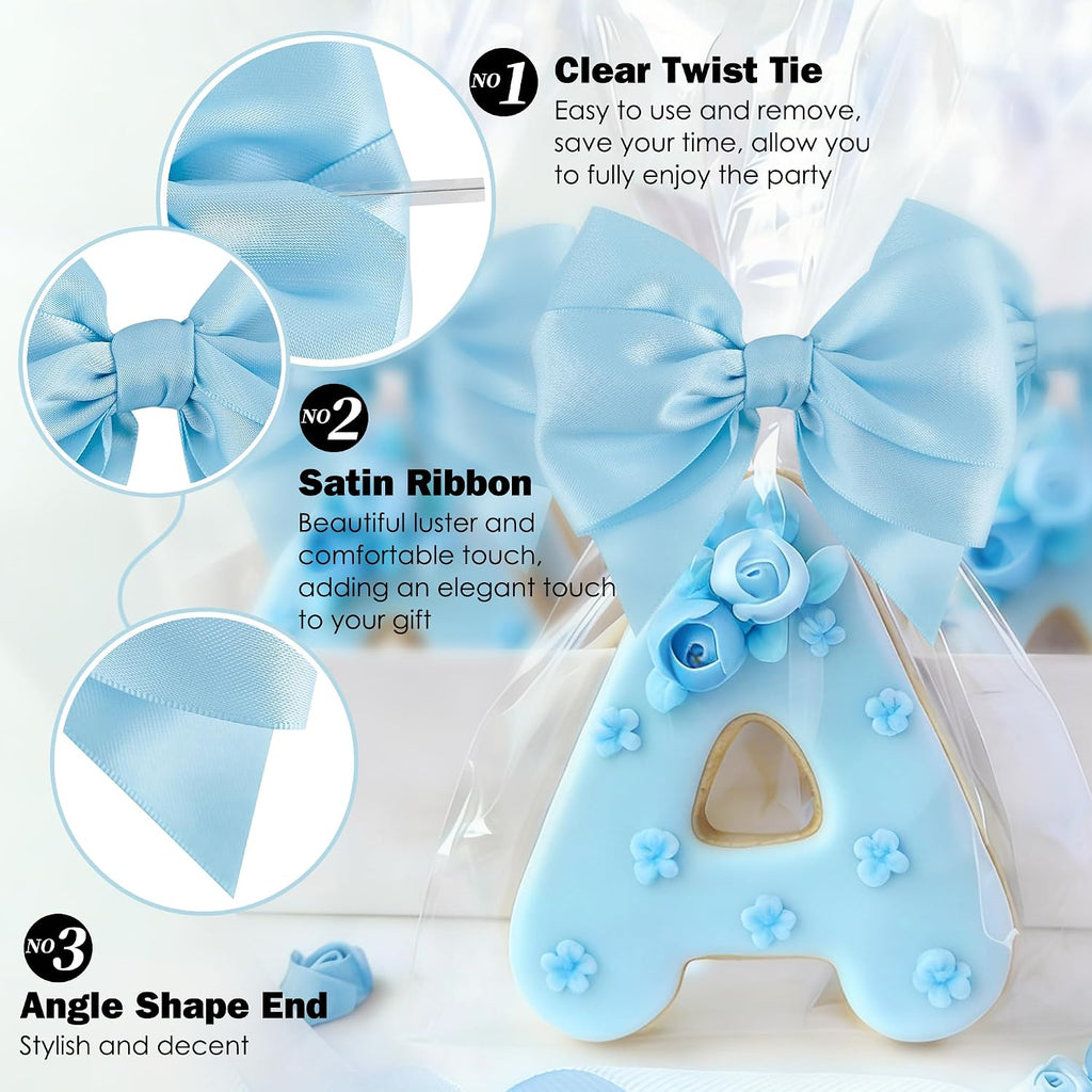 Blue Bows 24 PCS Baby Blue Satin Ribbon Bows 4" Pre-Tied Twist Tie Bow for Gift Wrapping Treat Bags Cake Pops Candy Apple Crafts Baby Shower Birthday Wedding Party Favors