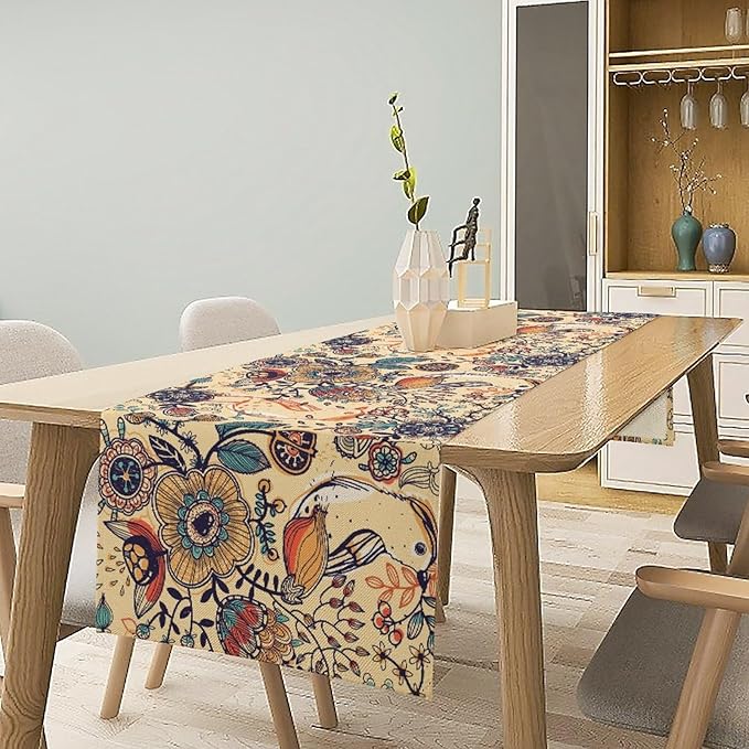 Vintage Paisley Table Runner, Boho Beige Paisley Flower Leaves Print Table Runner for Home Party Patio Indoor Outdoor, 13x108inch