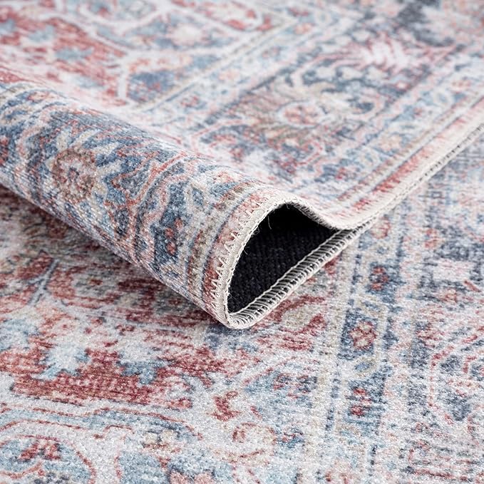 Bloom Rugs Washable Non-Slip 2x3 Rug - Brick/Dark Blue Traditional Oriental Area Rug for Living Room, Bedroom, Dining Room, and Kitchen - Exact Size: 2' x 3'