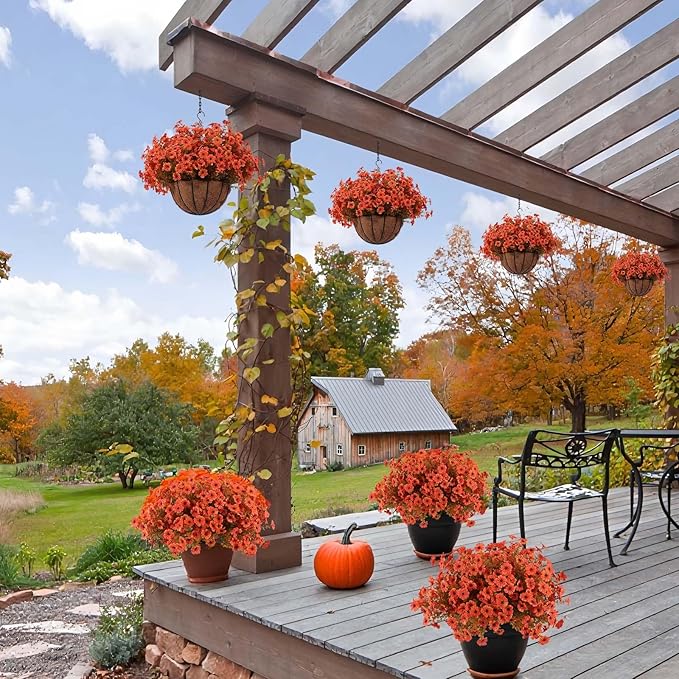 Hananona 18 Pcs Artificial Mum Flowers for Outdoors, Faux Fall Mums Silk Flower for Outside, Fake Orange Flowers for Fall Patio Front Door Planter Autumn Halloween Home Decorations (18, Orange)