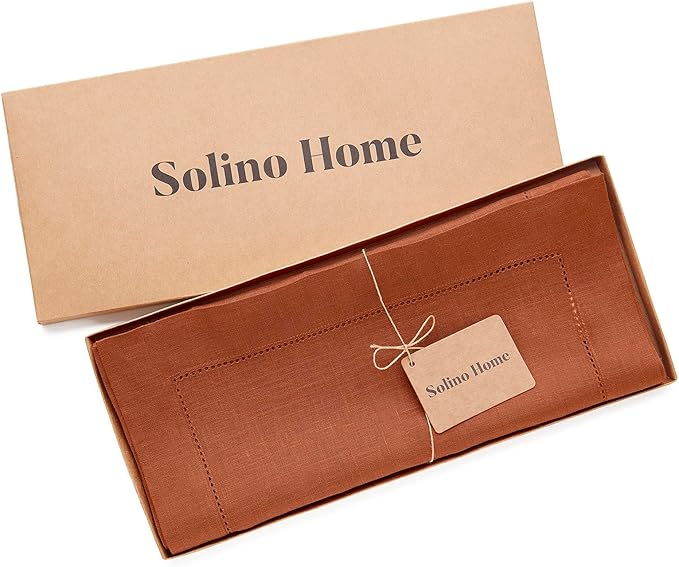 Solino Home Linen Cinnamon Hemstitch Table Runner 60 Inches - 100% Pure Linen Small Table Runner 14 x 60 Inch Ideal for Dresser and Coffee Tables - Classic Hemstitch - Fall, Halloween, Thanksgiving