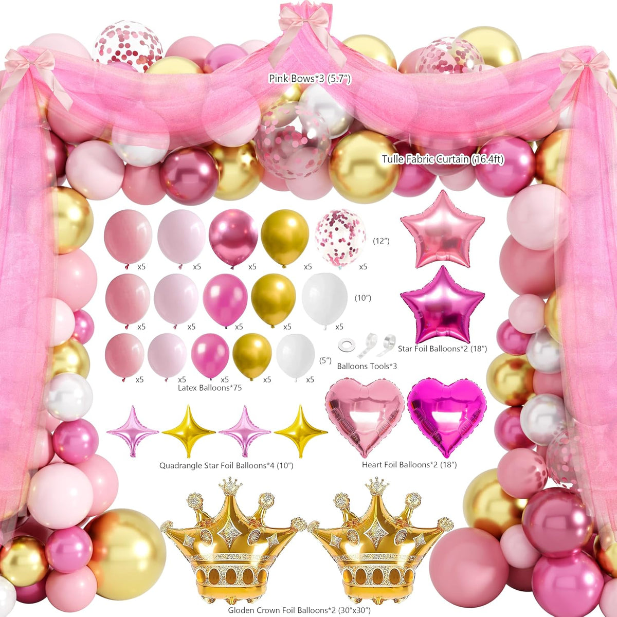 thaway princess birthday decorations pink gold balloon arch, close-up detail