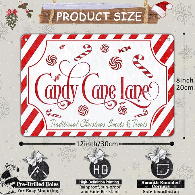 Christmas Candy Cane Lane Metal Tin Sign Traditional Christmas Sweets and Treats Winter Sign for Home Living Room Outdoor or Indoor Wall Decor Gift Christmas Candy Cane Lollipop 8x12Inch