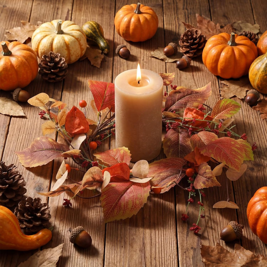 Suncalla Fall Candle Rings Wreath with Artificial Berry Leaf Acorn Wreath for Mini Candle Rings Thanksgiving Fall Wedding Rustic Seasonal Decoration(6.5'' Inner,Eucalyptus Berry,1 Pc)