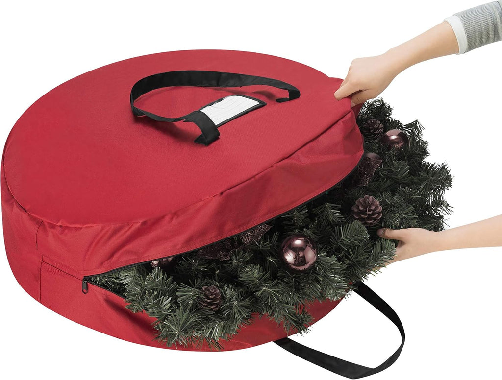Wreath Storage Bag - 30-inch Organizer for Artificial Christmas Wreaths and Garland - Holiday Themed Canvas Tote with Handles by Tiny Tim Totes (Red)