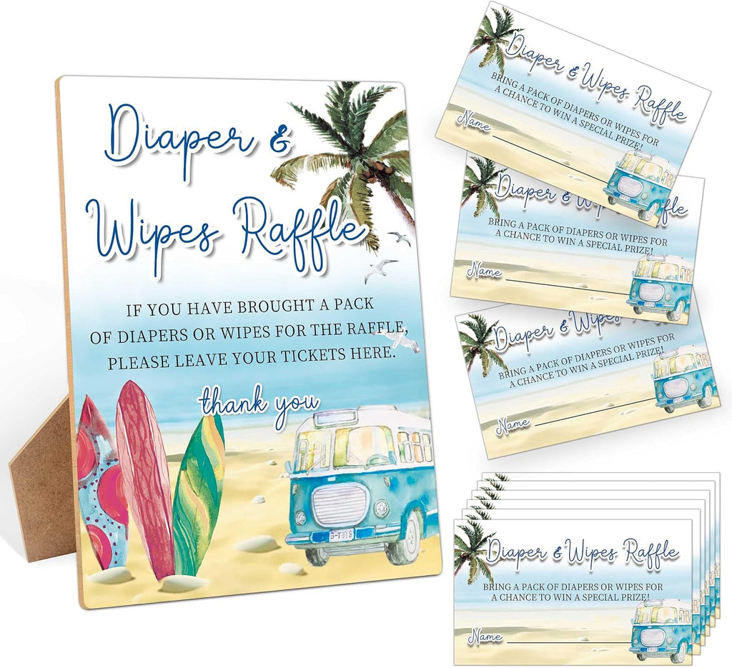 Diapers Wipes Raffle, Summer Beach Surf Diaper Raffle Tickets for Baby Shower, 1 Wooden Sign with 50 Diaper Raffle Cards, Game Activity for Baby Shower, Gender Reveal Party Favors Decorations