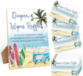 Diapers Wipes Raffle, Summer Beach Surf Diaper Raffle Tickets for Baby Shower, 1 Wooden Sign with 50 Diaper Raffle Cards, Game Activity for Baby Shower, Gender Reveal Party Favors Decorations