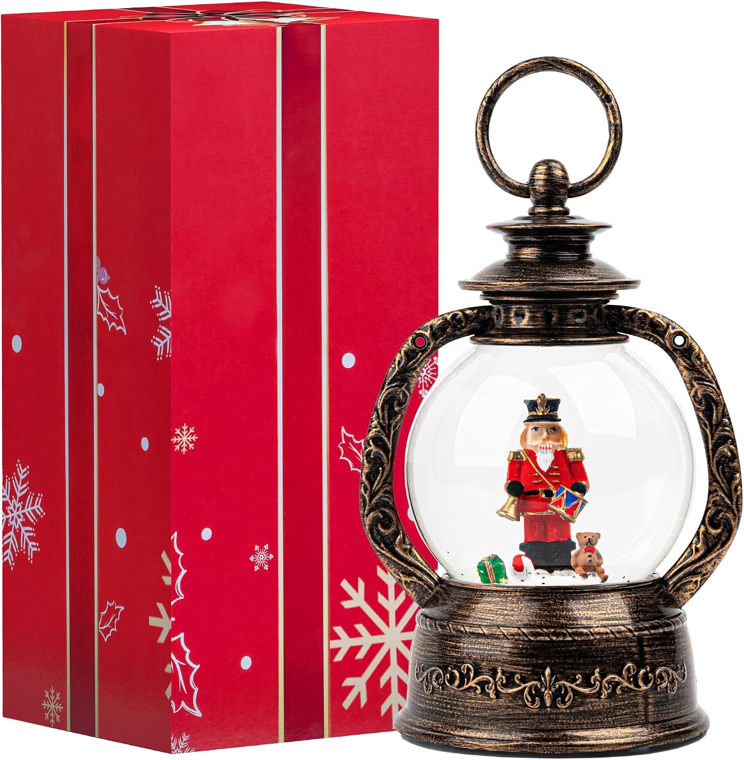 Christmas Snow Globe Lantern Water Glittering Nutcracker with Music & Timer, USB Lined/Battery Operated Lighted Lantern for Christmas Festival Decoration Gifts