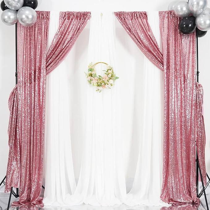 Poise3EHome Fuchsia Pink Sequin Backdrop, 4 Panels 2x8ft Glitter Curtain for Weddings, Parties, Photo Booth Decor