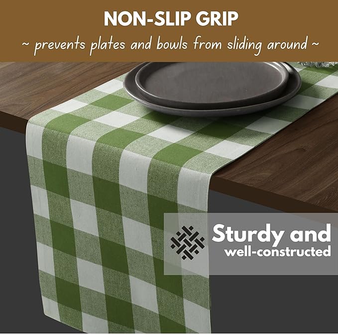 Native Fab Table Runner Buffalo Check Plaid 100% Cotton - 13x108 Inches Kitchen Dining Table Decoration for Indoor Outdoor Farmhouse Home Party Decor - Mint Green and White