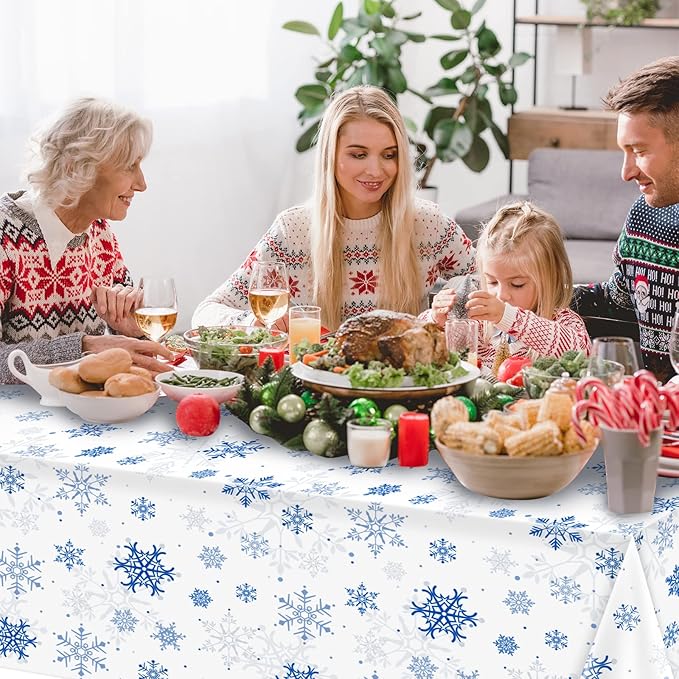 3 Pieces Snowflake Christmas Party Tablecloth Decorations,Plastic White Snowflake White Blue Xmas Backdrop Sign Table Cover Banner for Winter Christmas Holiday Party Supplies,54x108 inch（White/Blue）
