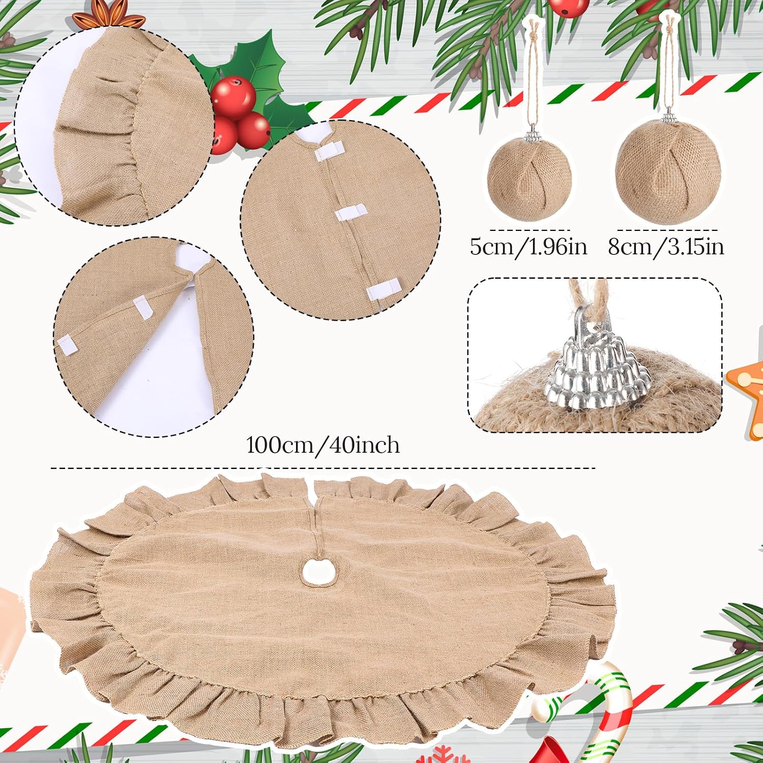 Syhood Christmas Tree Burlap Decorations 12 x 33 Inch Christmas Tree Topper Decorative Big Hanging Bow, 16 Pcs Burlap Xmas Ball Ornaments and 40 Inch Double Layer Skirt(Linen)