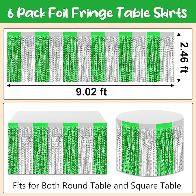 6 Pack 29 x108 Inch Silver Greenange Wave Foil Fringe Table Skirts Metallic Banner for Tinsel Streamer Garland Backdrop for Parade Floats, Mother's Day, Easter, Wedding, Birthday Party Decoration