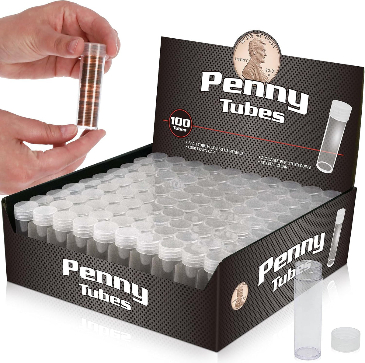 BCW Penny Coin Tubes for US Lincoln Pennies, Airtight Screw Caps, 100 Pack