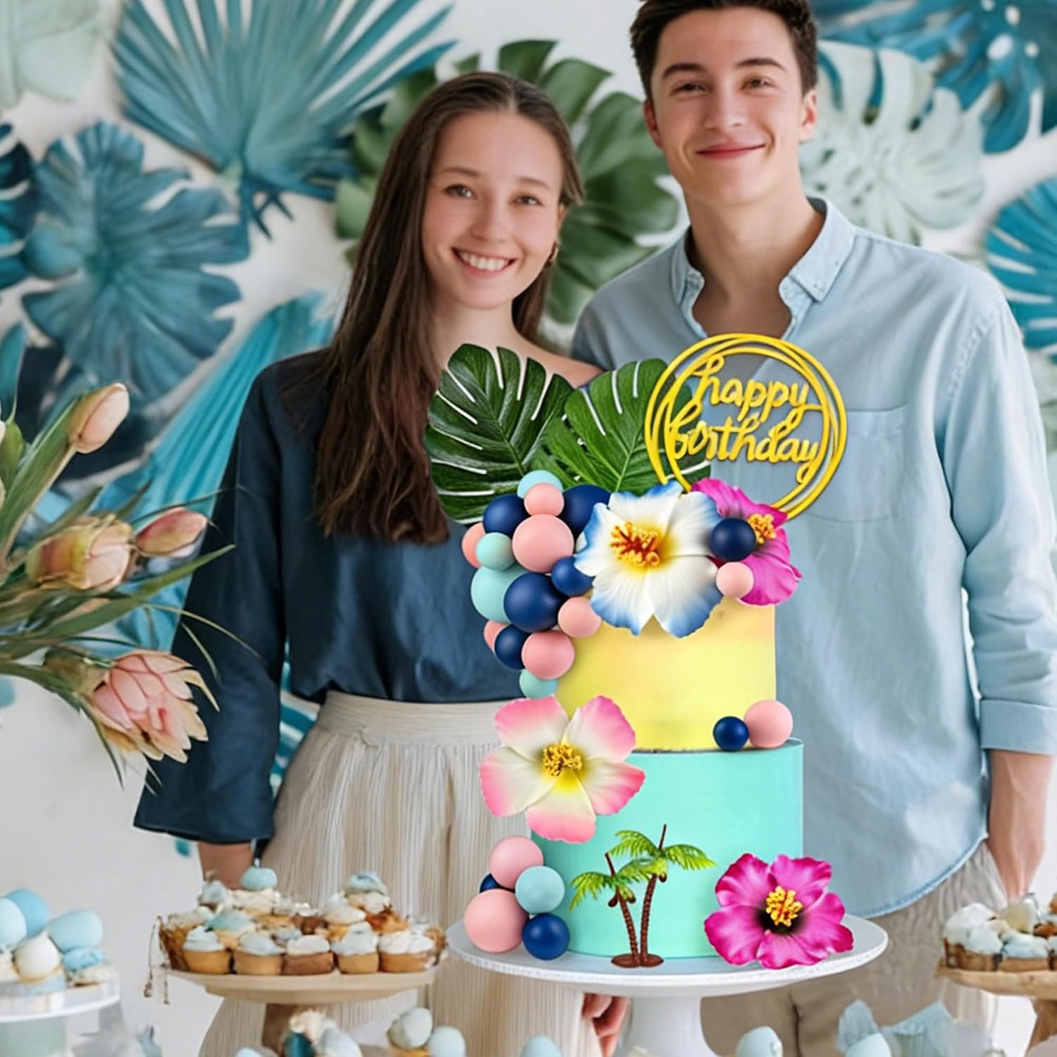 36pcs Hawaiian Flower Cake Decoration Tropical Cake Toppers with Palm Leaves and Summer Flowers Suitable for Summer Themed Birthday Themed Party Supplies (Blue Pink)