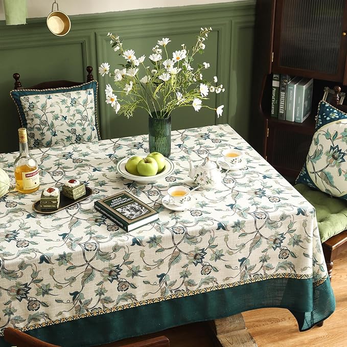 patdrea Designer Green Linen Extra Long Rectangle Tablecloth,Vintage Floral Pattern Breathable Table Cloth,Cover Decor for Kitchen Dining,Christmas,Thanksgiving,Holiday,Tea Party,63"x110"-Noah