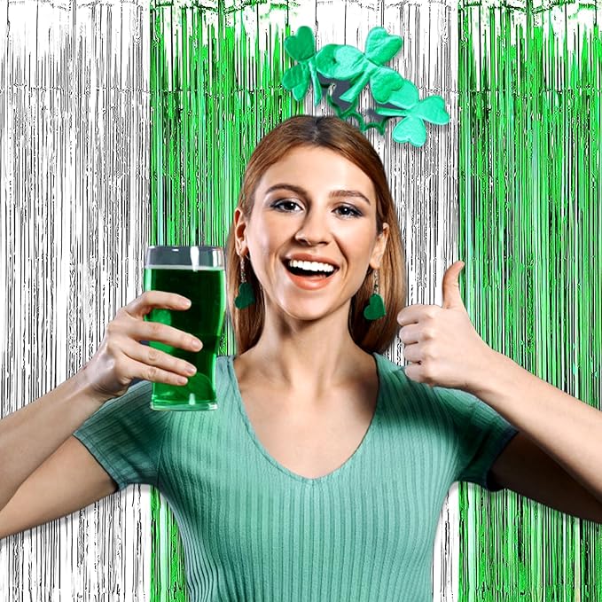 6 Pack Silver Green Foil Fringe Curtain Backdrop, 3.28Ft x 8.2Ft Metallic Tinsel Foil Fringe Streamer Curtains for Photo Booth, Birthday, Wedding, New Year Party Decorations