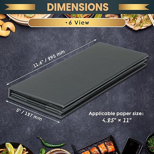 12 Pack 6 View Menu Holder Menu Covers 4.25" x 11" | Black Leather Menu Sleeves Book Style for Restaurant Coffee Bars Wine List