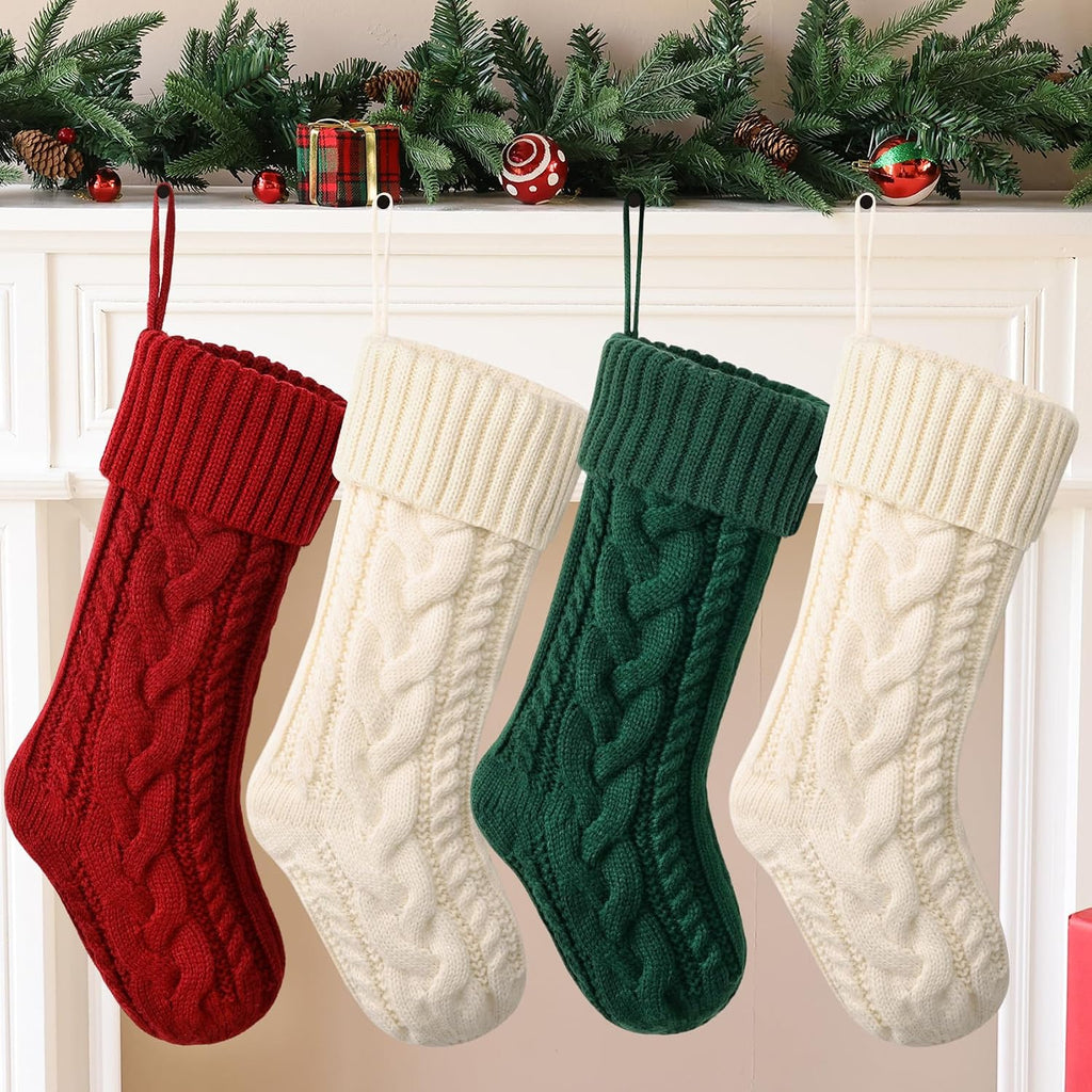 ELEGANTPARK Christmas Stockings 4 Pack Knitted Green White Red Christmas Stockings Large Xmas Decoration for Holiday Fireplace Hanging Holiday Decoration for Family Kids Xmas 18 Inch