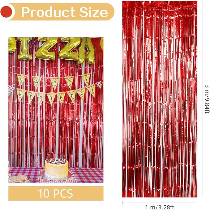 10 Pack Red Foil Curtain Backdrop 3.2ft x 9.8ft Metallic Tinsel Foil Fringe Curtains Streamer Photo Booth Backdrop for Birthday Party Engagement Bachelorette Party Decorations (Red)