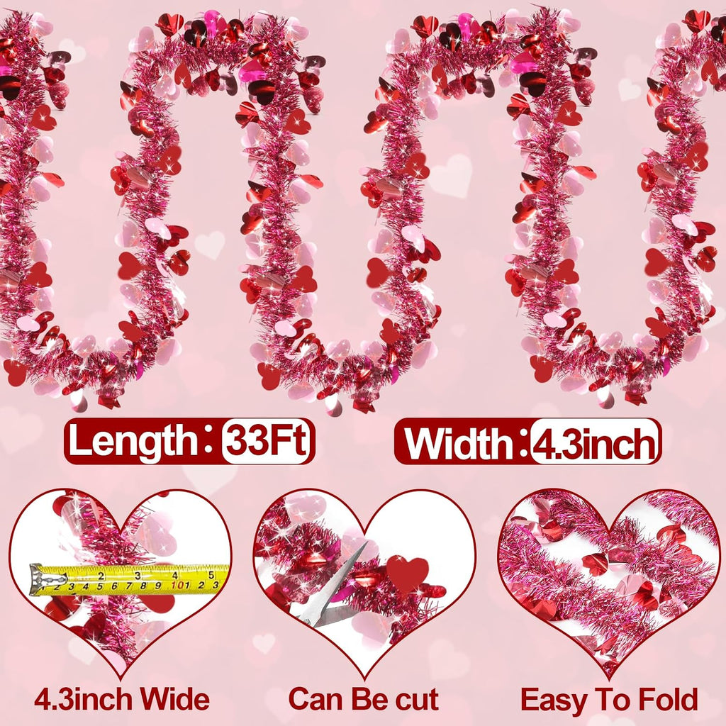TURNMEON 2 Strings Total 66 Feet Valentines Heart Tinsel Garland Decorations Red Pink Twist Garland Metallic Streamer Valentine's Day Decorations Home Tree Indoor Outdoor Wedding Hanging Decor