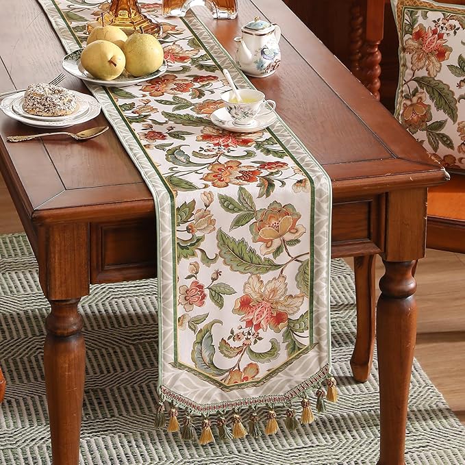 patdrea Designer Elegant French Floral Velvet Table Runner, Fresh Green with Orange Blossoms Pattern Table Mat, Decoration for Kitchen Dining Coffee Table Cabinet Banquet Thanksgiving,12"*71"
