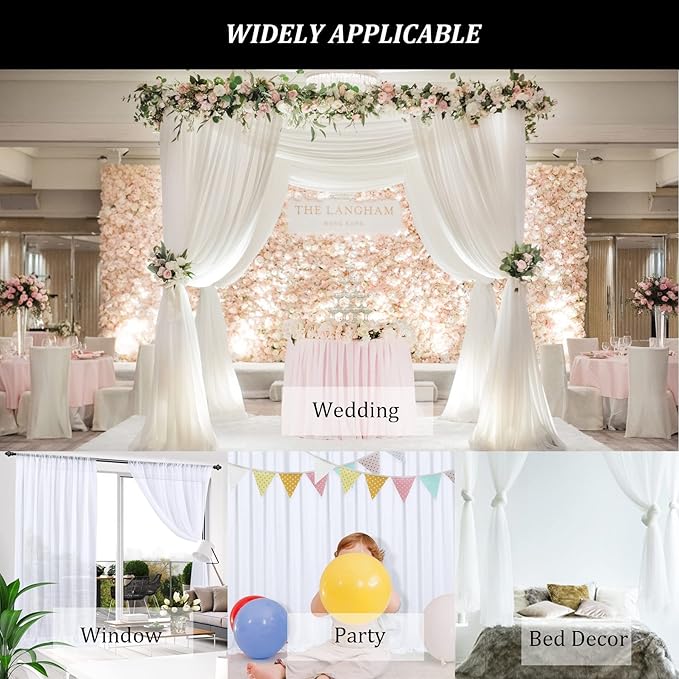 10ft x 10ft White Chiffon Backdrop Curtains, Wrinkle-Free Sheer Chiffon Fabric Photo Curtain Drapes for Wedding Ceremony Arch Party Stage Photography Decorations