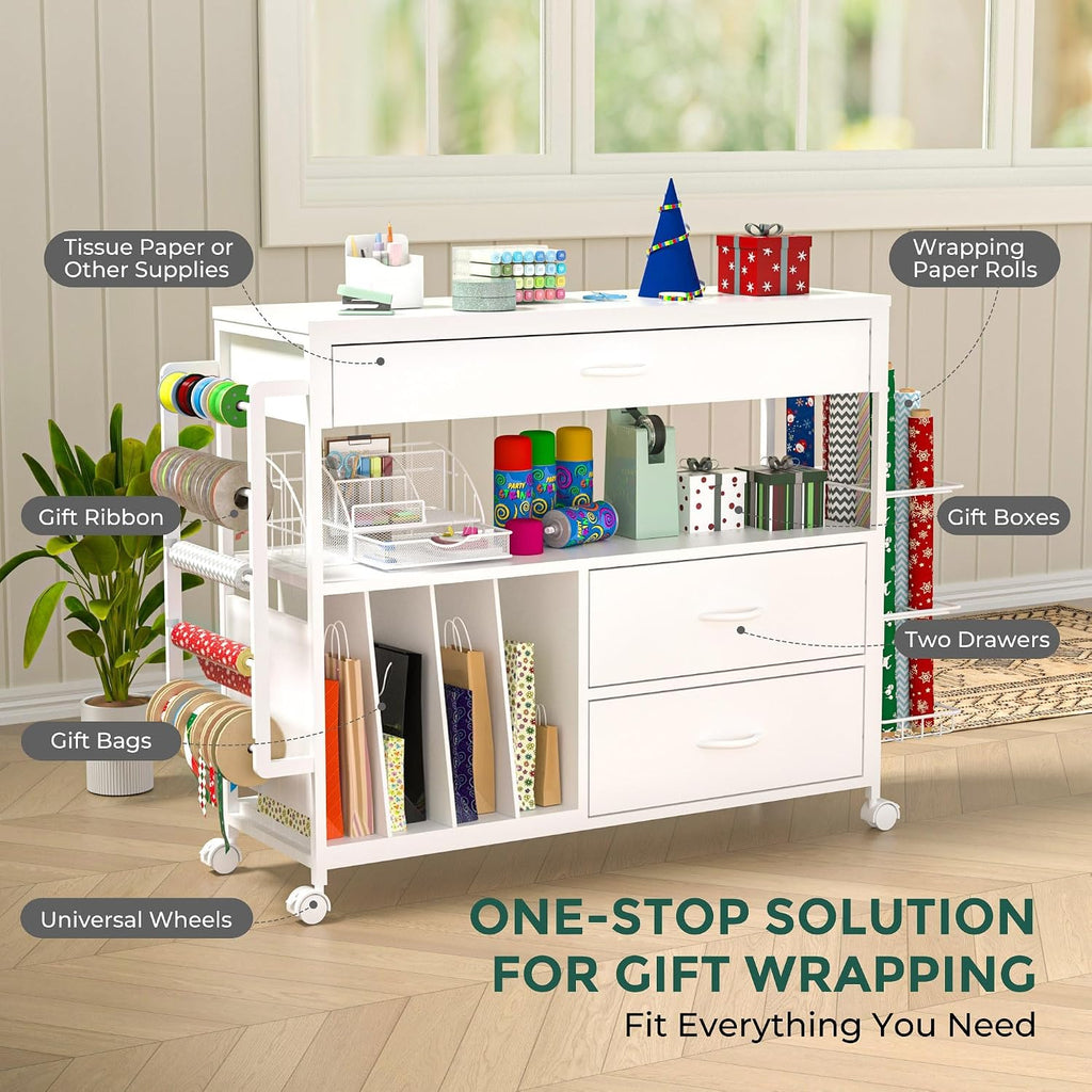 Wrapping Paper Storage & Organizer, Craft Cart with Ribbon & Gift Bag Storage, Wrapping Paper Organizer Holder(3 Wooden Drawers-White)