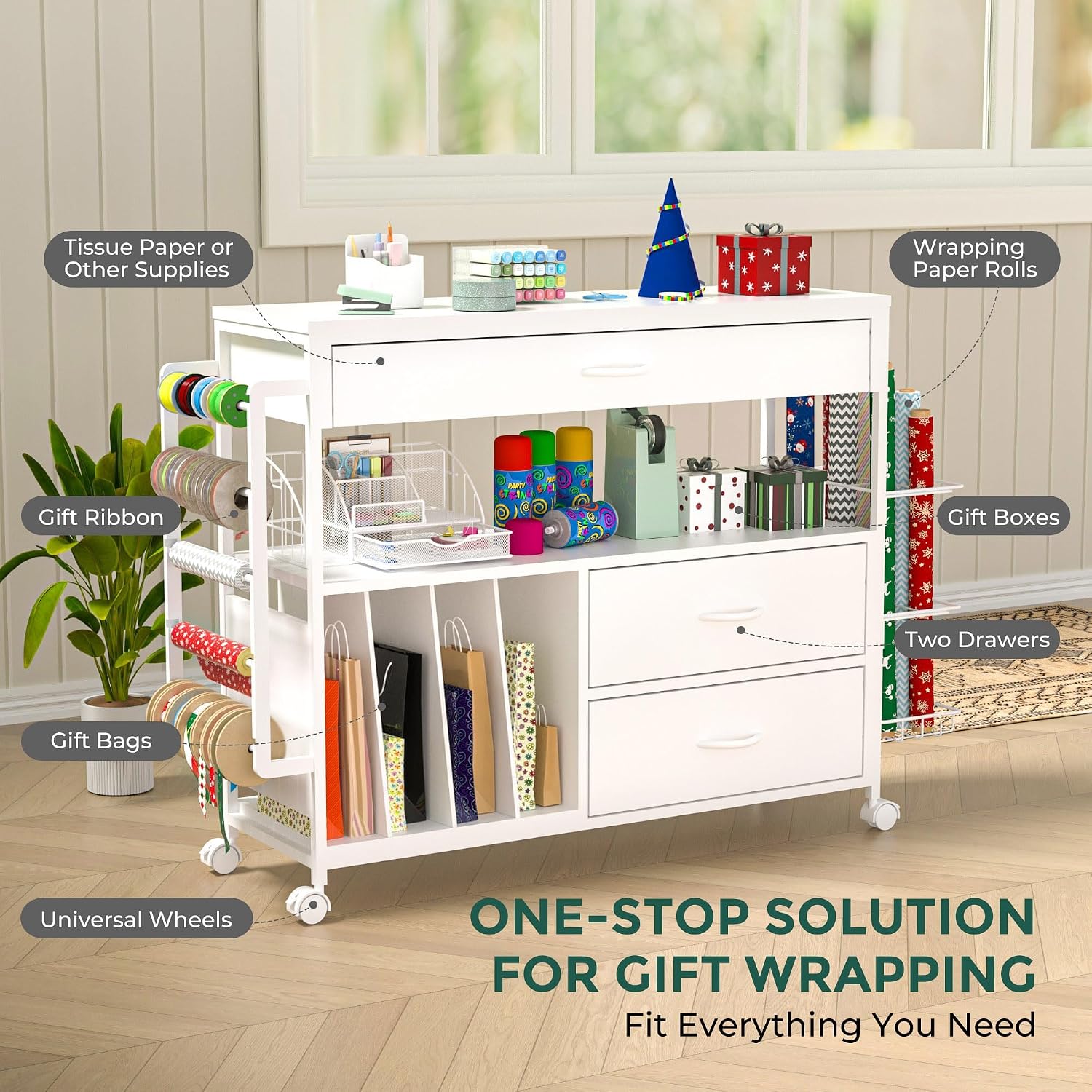 Wrapping Paper Storage & Organizer, Craft Cart with Ribbon & Gift Bag Storage, Wrapping Paper Organizer Holder(3 Wooden Drawers-White)