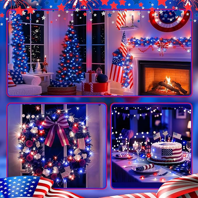4th of July Decorations - 12 Pack Red White Blue Fairy Lights Battery Operated, 7ft 20 Led Twinkle Lights 3 Modes, Waterproof Bulk Mini String Light for Independence Day Patriotism Decorations