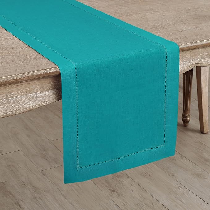 Solino Home Linen Teal Table Runner 144 Inches Long - 100% Pure Linen Extra Long Table Runner 14 x 144 Inch for Fall, Autumn - Classic Hemstitch
