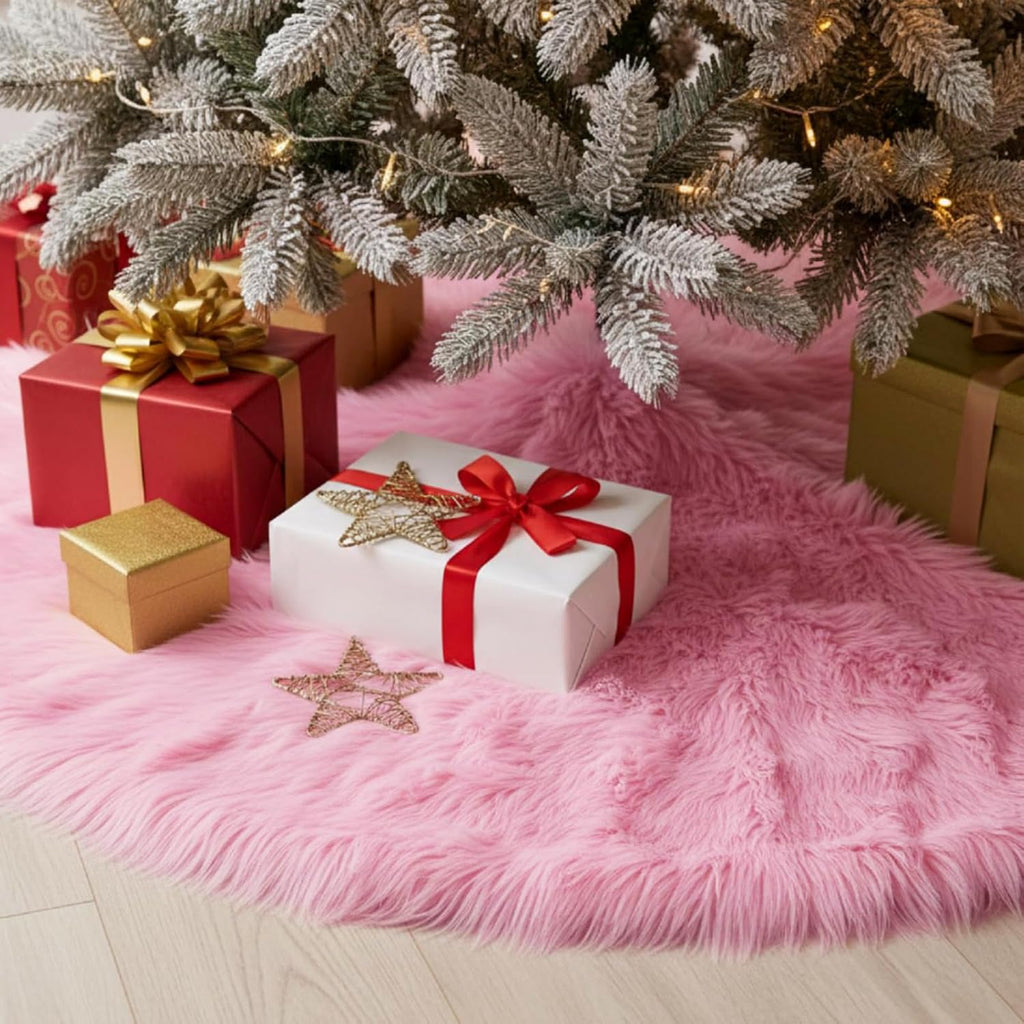 CHICHIC 48 inch Christmas Tree Skirt Faux Fur Xmas Tree Skirt Christmas Decorations Holiday Tree Ornaments Tree Decoration for Christmas Home Decorations, Xmas Party Holiday Decorations, Pink