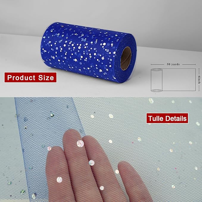 Glitter Tulle Rolls, 6” by 50 Yards (150FT) Sequin Tule Netting Fabric Tulle for Tutu Skirts Sewing Birthday Wedding Party Decoration (Royal Blue)