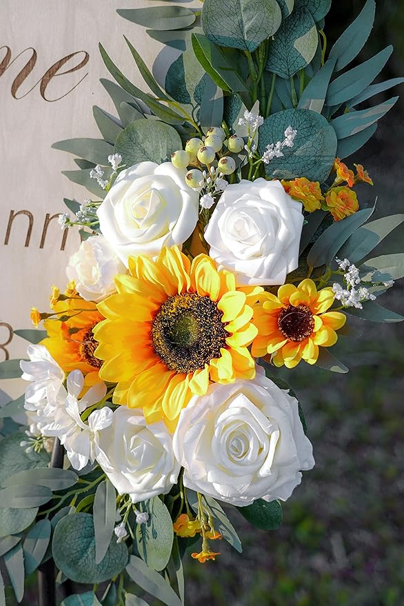 Ponatia Artificial Wedding Arch - Flowers (Pack of 2), White & Sunflowers for Wedding Welcome Signs and Ceremony Decorations
