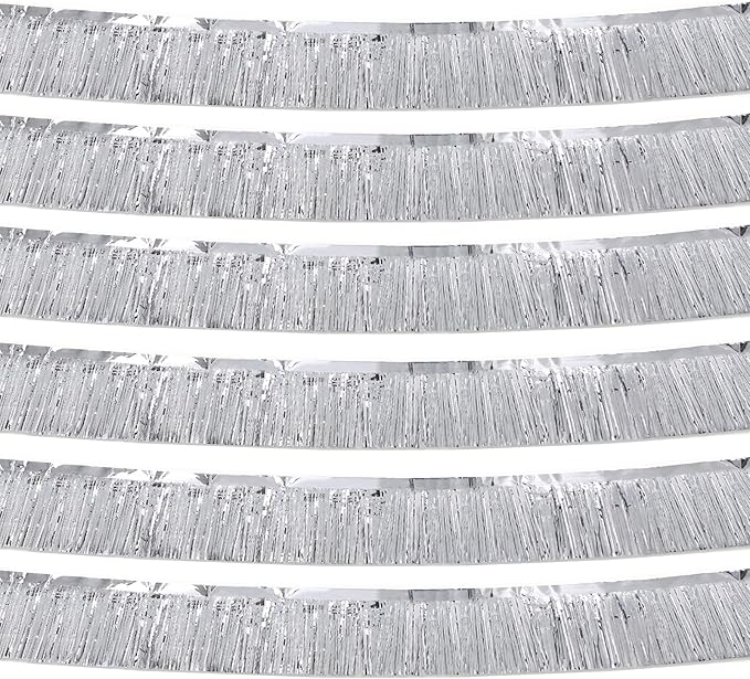 Silver Foil Fringe Garland 10FT 6packs, Metallic Foil Tinsel Fringe Banners for Parade Float Decorations Wedding, Birthday Party Graduation (six Silver)