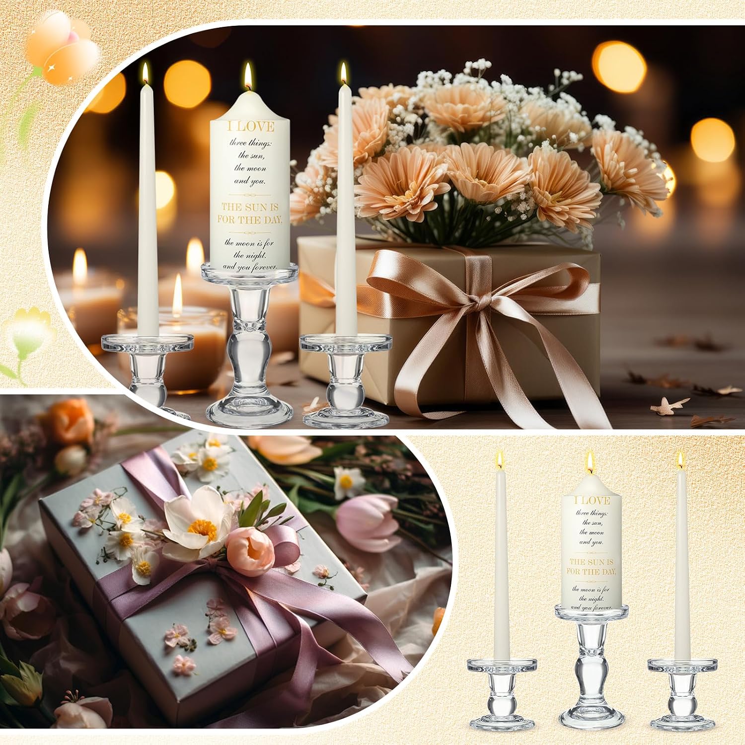 MTLEE 3 Unity Candles with Candle Holder for Wedding Unity Candle Set Include 1 Pillar and 2 Taper Candles for Ceremony Wedding Accessories Baptism Catholic Church (Love Things)