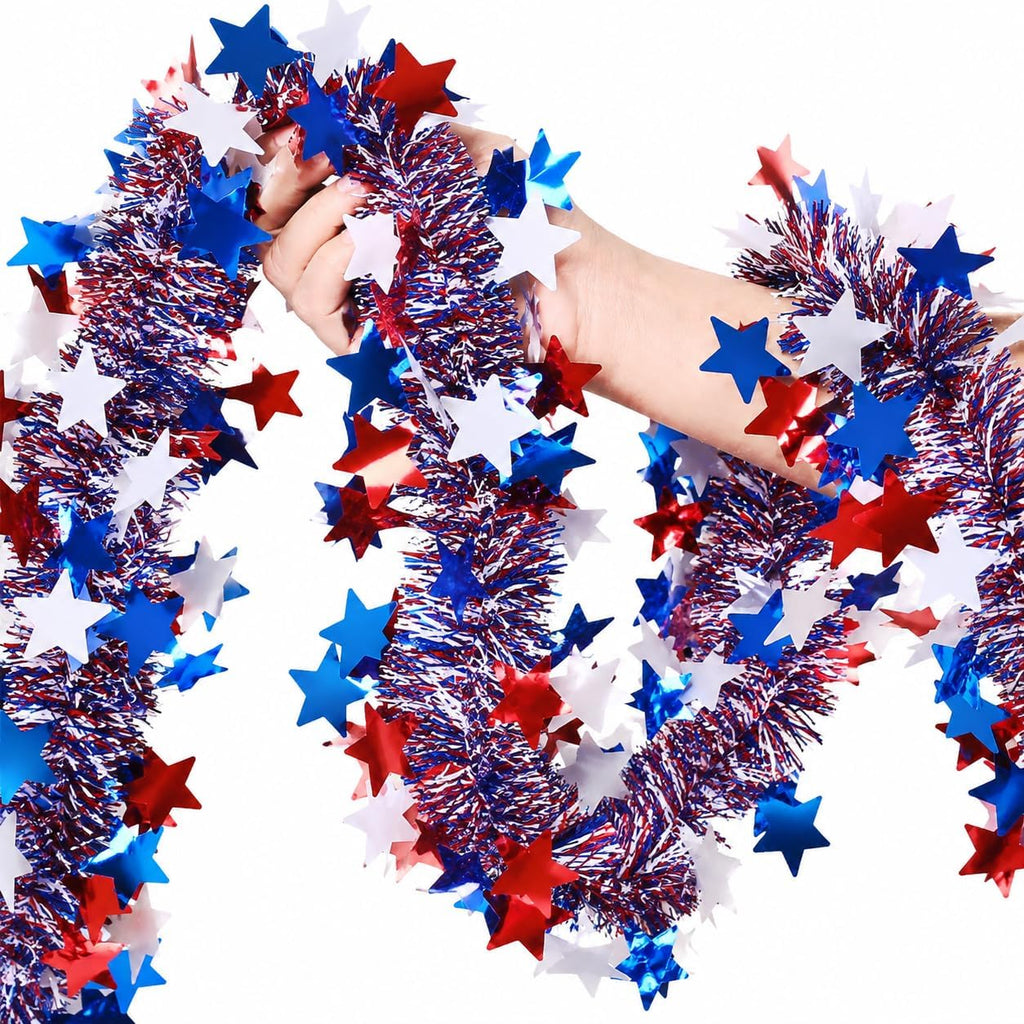 4th of July Garland, 50Ft Red White Blue Tinsel Patriotic Decor – Golf Cart Car Parade Boat Tree Outdoor Indoor, Memorial Day 250th Anniversary Independence Day Party