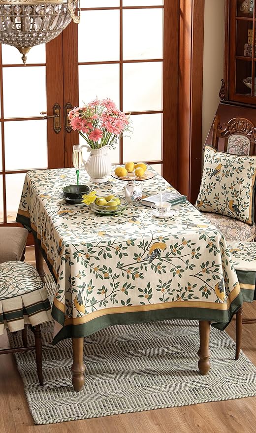 patdrea Designer French Table Cloth for Rectangle Table,Vintage Green Linen Birds and Leaves Pattern Tablecloths,Dacorative Cover Kitchen Dining,Christmas,Thanksgiving,Party,63"x102"-Warbler