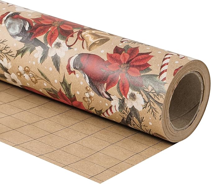RUSPEPA Kraft Christmas Wrapping Paper Roll, Mini Roll, Cardinal Bird, Poinsettia, Golden Bell and Candy Cane Design, Vintage Kraft Gift Wrap for Women, Family, Xmas Holiday, 17 Inches x 16.4 Feet
