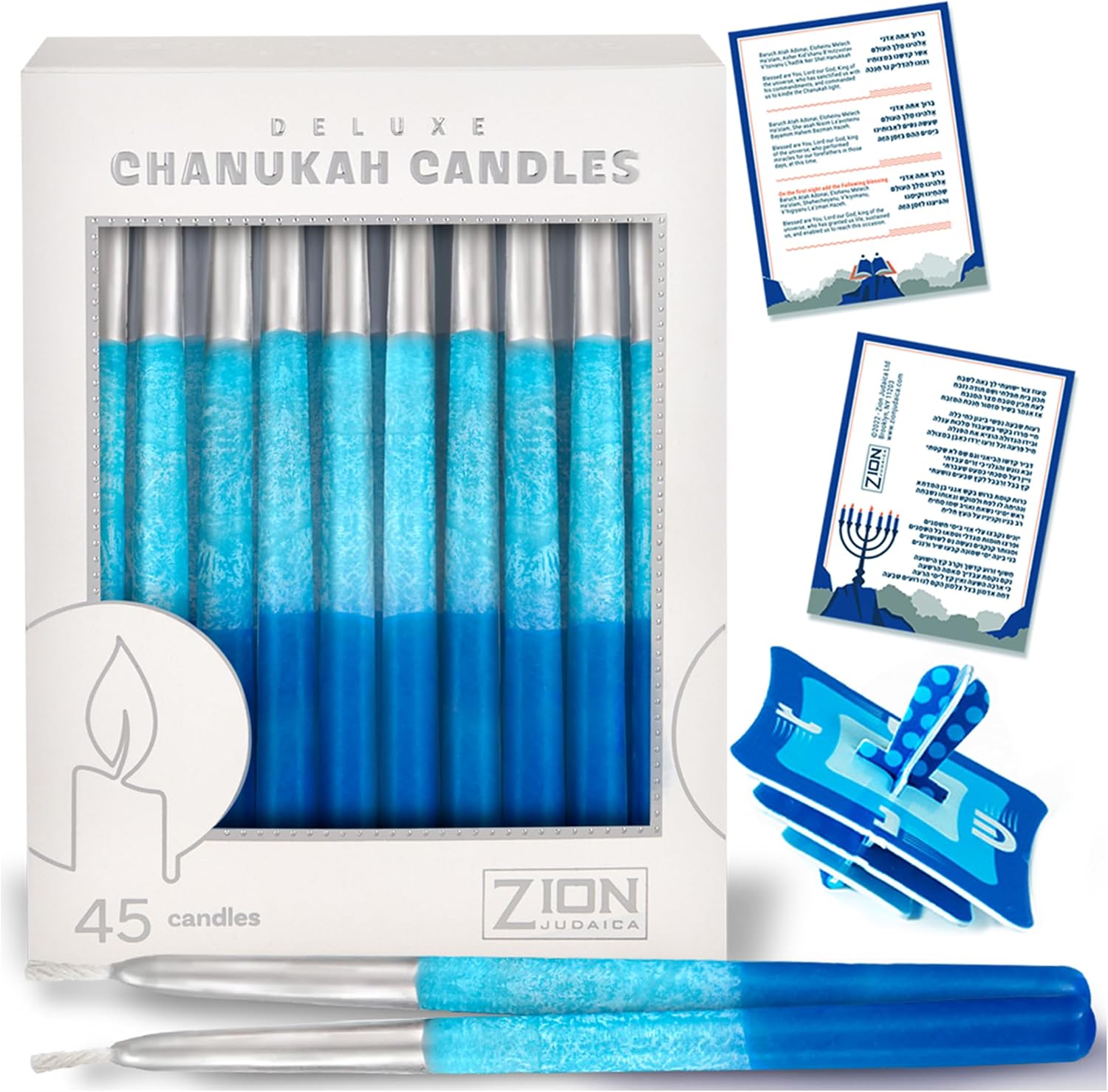 Zion Judaica Metallic Tip Hanukkah Candles Set of 45 Silver Tip Frosted Blue Shades Deluxe Chanukah Candles for Menorah Clean Burning 1 Hour Long Lasting Includes Dreidel & Candle Blessings Card